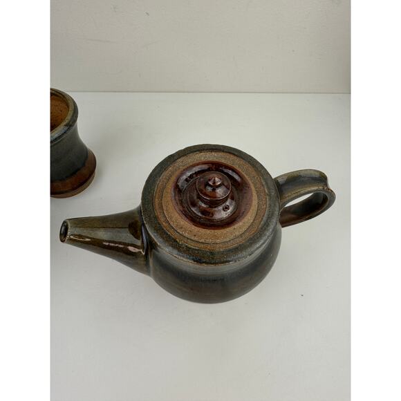 Brown Green Ceramic Hand Thrown Pottery Decorative Cup & Teapot Tea Set 3-Piece - Picture 4 of 12